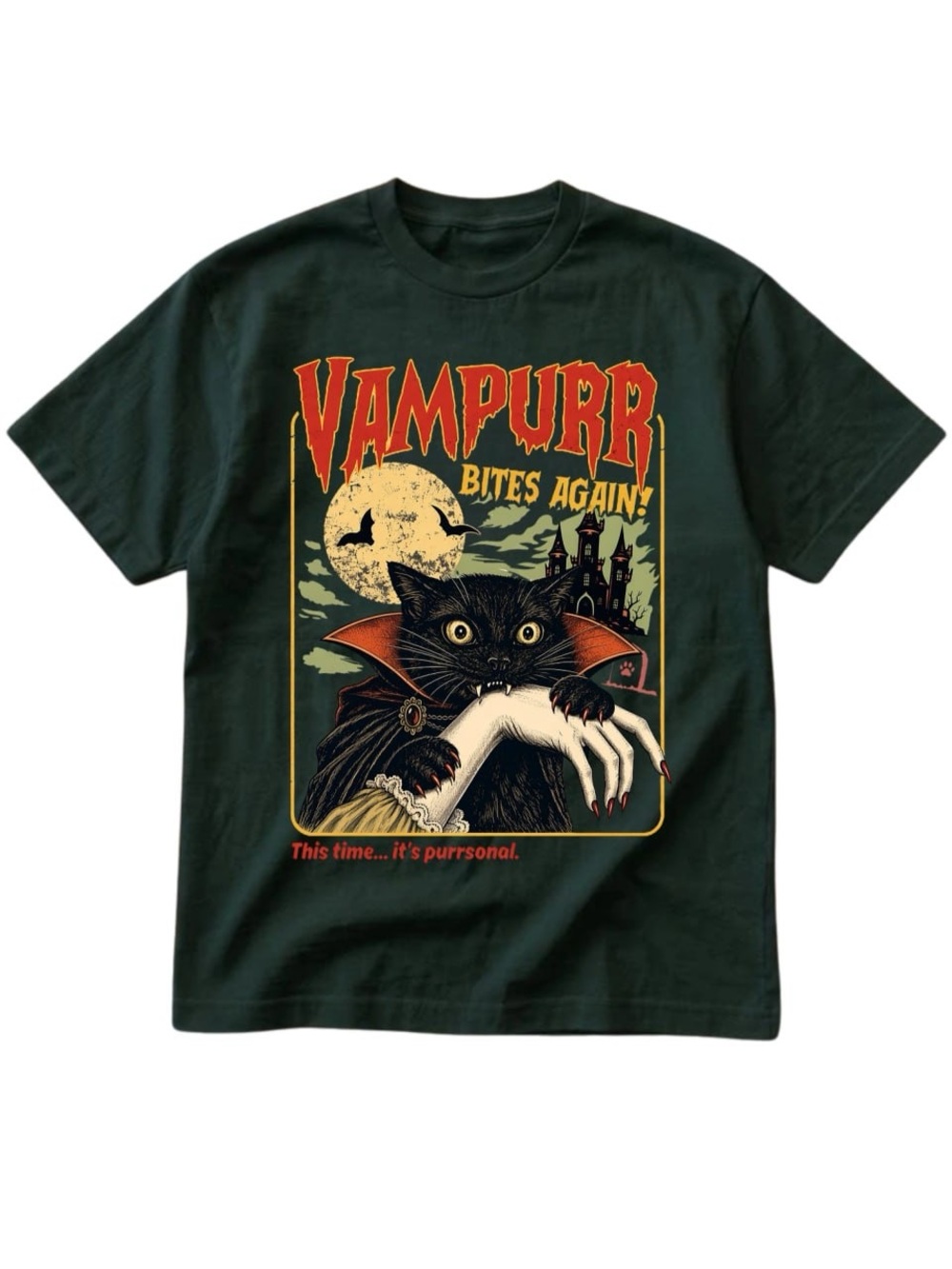 Forest green VAMPURR Bites Again! Vampire Cat Graphic Tee